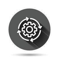 Workflow icon in flat style. Gear effective vector illustration on black round background with long shadow effect. Process organization circle button business concept.