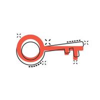 Key icon in comic style. Password cartoon vector illustration on white isolated background. Access splash effect business concept.