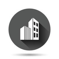 Building icon in flat style. Skyscraper vector illustration on black round background with long shadow effect. Architecture circle button business concept.