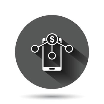 Payment services icon in flat style. Money send vector illustration on black round background with long shadow effect. Smartphone transaction circle button business concept.