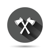 Axe icon in flat style. Lumberjack vector illustration on black round background with long shadow effect. Blade circle button business concept.