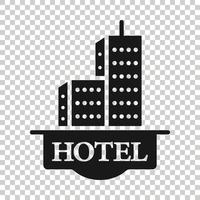 Hotel sign icon in flat style. Inn building vector illustration on white isolated background. Hostel room business concept.