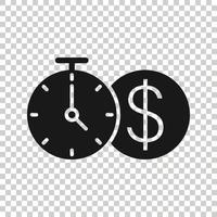 Time is money icon in flat style. Clock with dollar vector illustration on white isolated background. Currency business concept.