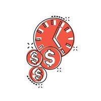 Time is money icon in comic style. Project management cartoon vector illustration on white isolated background. Deadline splash effect business concept.