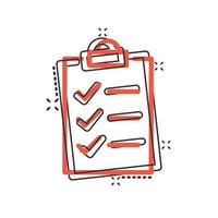 To do list icon in comic style. Document checklist cartoon vector illustration on white isolated background. Notepad check mark splash effect business concept.