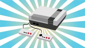 consola de videojuegos retro antiguo hipster vintage para geeks de los años 70, 80, 90 sobre fondo de rayos azules. video en alta calidad 4k, diseño de movimiento