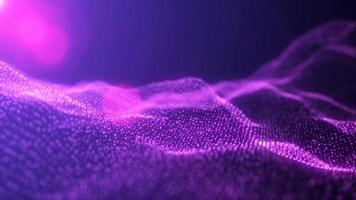 Abstract waves from particles and lines of purple futuristic beautiful flying glowing magical energy with sun rays and blur effect. Abstract background. Video in high quality 4k, motion design