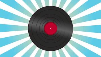Retro audio music vinyl record old vintage hipster for geeks from 70s, 80s, 90s on blue rays background. Video in high quality 4k, motion design