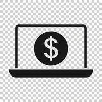 portátil con icono de dinero en estilo plano. ilustración de vector de dólar de computadora sobre fondo blanco aislado. concepto de negocio de monitoreo de finanzas.