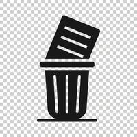 Trash bin with document icon in flat style. Paper recycle vector illustration on white isolated background. Office garbage business concept.