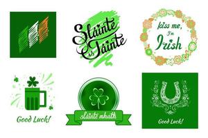 Irish elements, emblems with national flag, wishes of health and luck, beer mug, shamrock, joke in flower wreath, horseshoe. Greeting ornate designs for prints vector