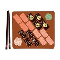 set of sushi on a wooden board. traditional food. hand drawn vector illustration in flat style