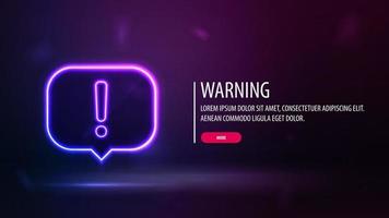 Purple poster with neon warning logo and title with button on blurred background. vector