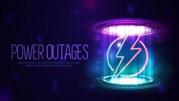 Power Outages, purple poster with neon warning logo on blue and pink digital podium with hologram digital rings in dark room vector