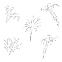 A set of fireworks with a thin line. vector illustration of a doodle