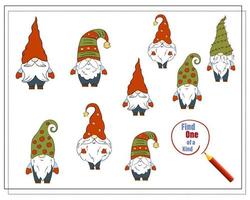 A puzzle game for kids, find the one of a kind. Cartoon Christmas Gnome. vector