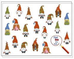 A puzzle game for kids, find the one of a kind. Cartoon Christmas Gnome. vector