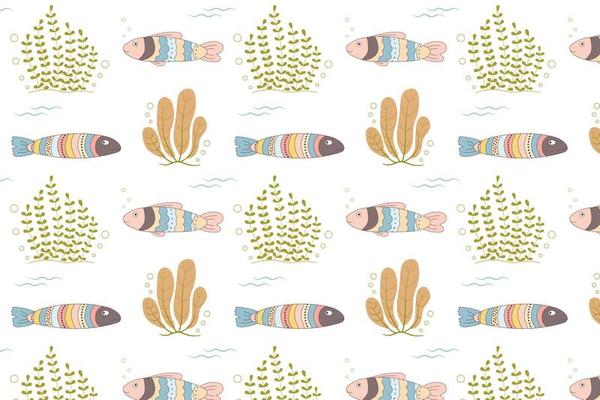 Seamless Pattern with Cute fishes and algae. Kids print. Doodles. For textiles, children's clothing, wallpaper, packaging, wrapping paper. Simple flat vector illustration isolated on white background