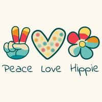 Icon, sticker in hippie style with text Love, Peace, Hippie and heart, victory sign and flower on beige background in retro style. vector