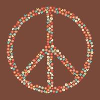 Icon, sticker in hippie style with Peace sign and flowers on beige background. Retro style