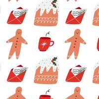 Christmas pattern with pudding, gingerbread man, cup and letter. Happy New Year and Merry Xmas background. Winter holidays texture. Vector design for winter holidays.