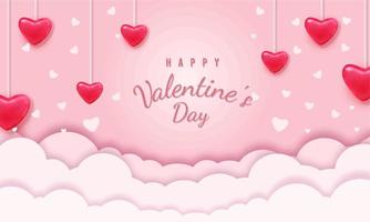 Happy Valentine's day blank background, beautiful paper cut clouds with 3d red hearts on pink background. Vector illustration. Papercut style. Place for text