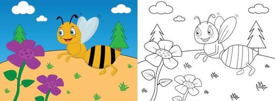 Cute cartoon bee coloring page with line art vector illustration