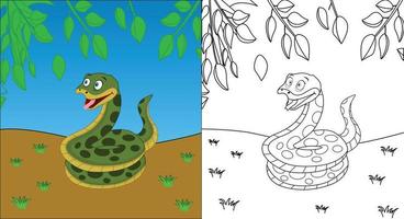 Cute cartoon snake coloring page with line art vector illustration
