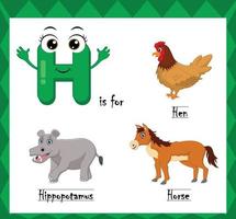 Letter h vector, alphabet h for hen, hippo, hourse animals, english alphabets learn concept. vector