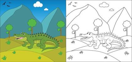 Cute cartoon alligator coloring page with line art vector illustration