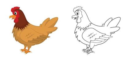 Happy cartoon hen with line art, hen sketch color less page isolated on white background. vector