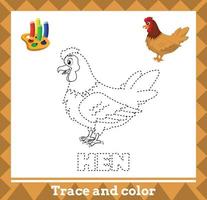 rastro y color para niños, página de actividad de niños de vector de gallina
