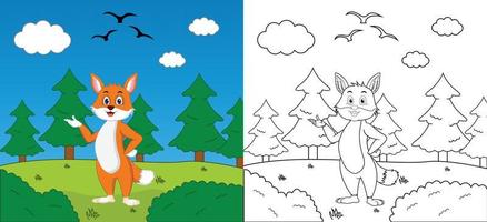 Cute cartoon fox coloring page with line art, kids activity page vector illustration