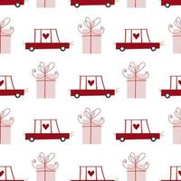 Romantic pattern. Pink gift box, cute red car and hearts. Holiday seamless pattern. vector