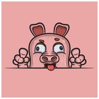 Crazy Face Expression With Pig Cartoon. vector