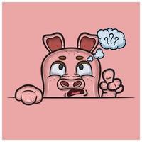 Confused Face Expression With Pig Cartoon. vector