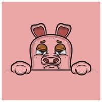 Bored Face Expression With Pig Cartoon. vector