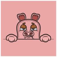 Bored Face Expression With Pig Cartoon. vector