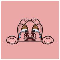 Crying Face Expression With Pig Cartoon. vector