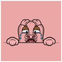 Crying Face Expression With Pig Cartoon. vector