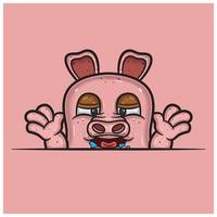 Hungry Face Expression With Pig Cartoon. vector