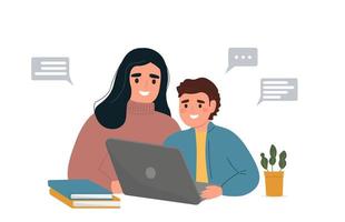 Mom and son are sitting together in front of a laptop. A boy and a woman study online. The teacher is engaged with the student. Vector graphics.