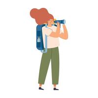 mujer viajera con binoculares vector