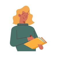 mujer rubia escribiendo en un libro vector