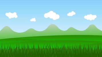 landscape cartoon scene with green field and white cloud in summer blue sky background vector