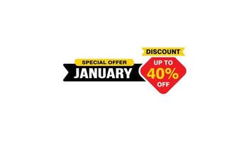 40 Percent JANUARY discount offer, clearance, promotion banner layout with sticker style.