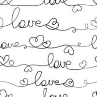 Handwritten Love and hearts lettering seamless pattern line drawing vector illustration on white background.Abstract seamless love calligraphy pattern.Romantic concept background.Sketch drawn