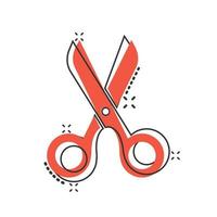 Scissor icon in comic style. Cut equipment cartoon vector illustration on white isolated background. Cutter splash effect business concept.