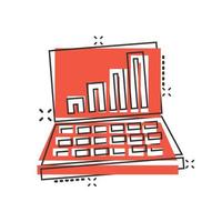 Laptop chart icon in comic style. SEO data cartoon vector illustration on white isolated background. Computer diagram splash effect business concept.