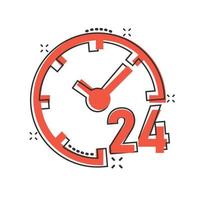 icono de reloj 24 7 en estilo cómico. ver ilustración de vector de dibujos animados sobre fondo blanco aislado. concepto de negocio de efecto de salpicadura de temporizador.